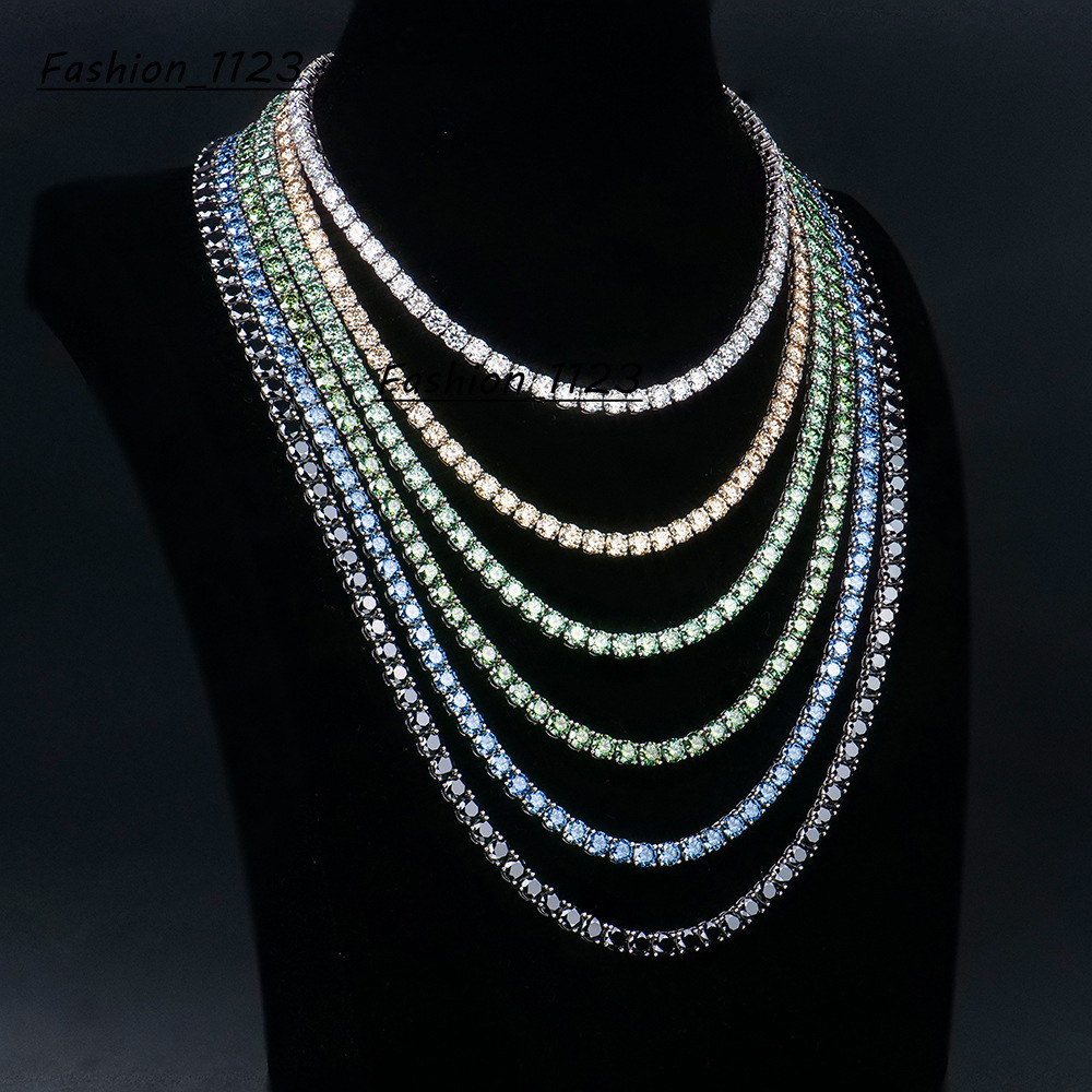Hip Hop Real 925 Silver 100 Pass Diamond Jewelry 2mm 3mm 4mm 5mm 6mm Blue Green Moissanite Tennis Chain Necklace