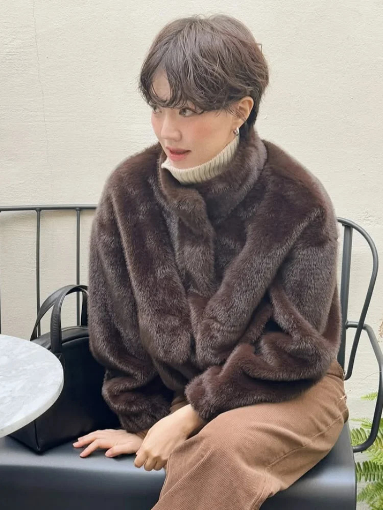 Casual Turtleneck Faux Fur Jacket Lady Chic Stand Collar Single Breasted Loose Warm Jackets Women Winter Commute Street Coat 251110
