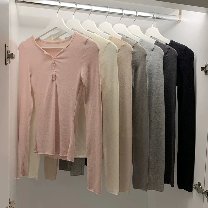 2025 highquality plain weave womens cotton elastic basic button casual top long sleeved sexy thin Tshirt See Through 250407
