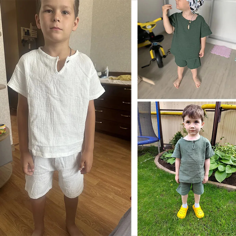 selling childrens clothing set 2-piece linen cotton baby boy and girl clothing born topshorts childrens set 250409