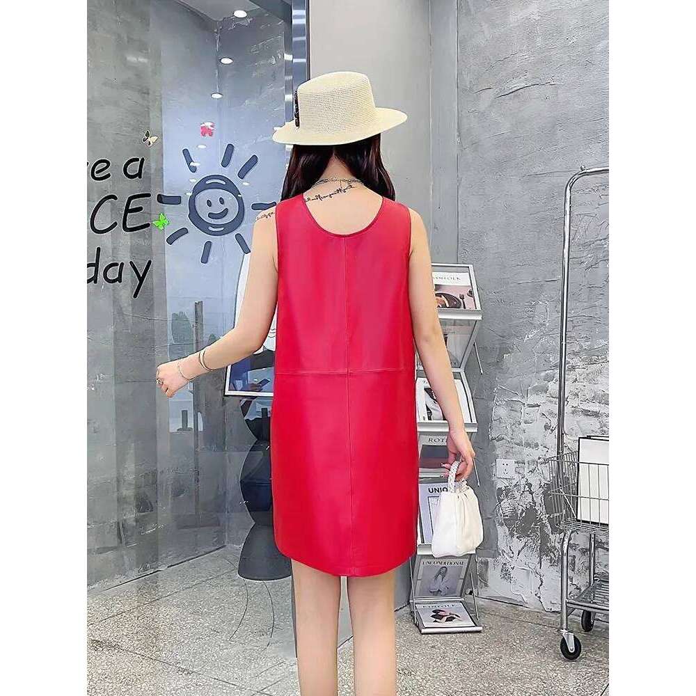 Women Genuine Leather Fashion Solid Color Loose Tank Straps Dresses Casual Sweet Lady Sleeveless Sheepskin A-Line Dress