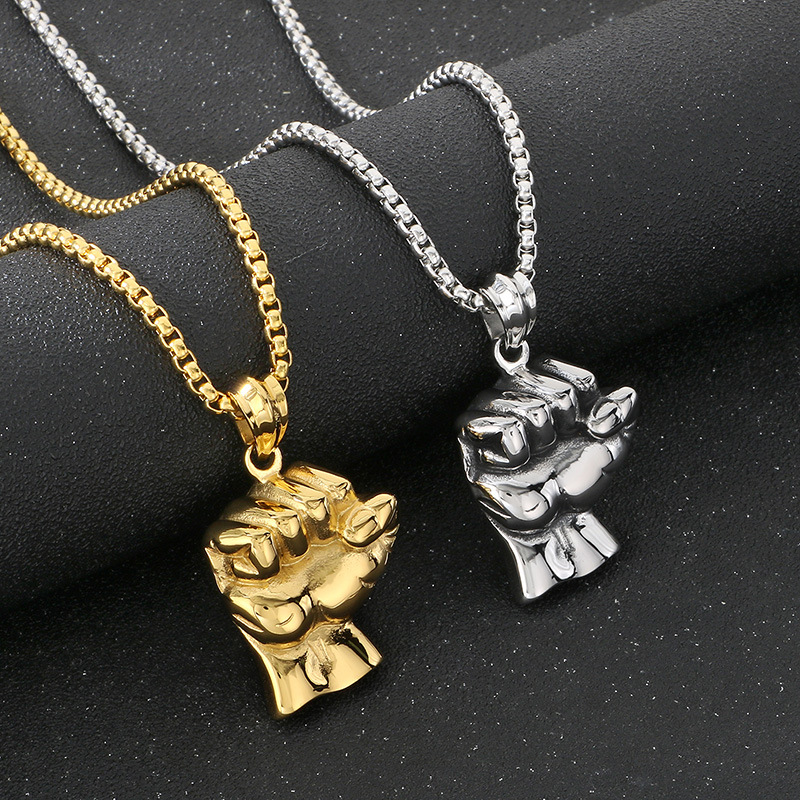 Retro Fitness Fist Pendant Necklace Stainless Steel Gold Plated Mens SportsJewelry