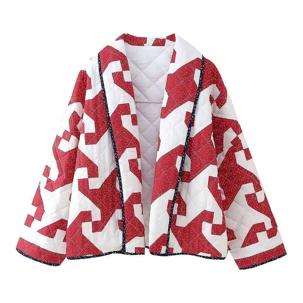 Lapel Printed Colour Blocking Thickened Casual Bohemian Style Cardigan Loose Cotton Jacket Women's