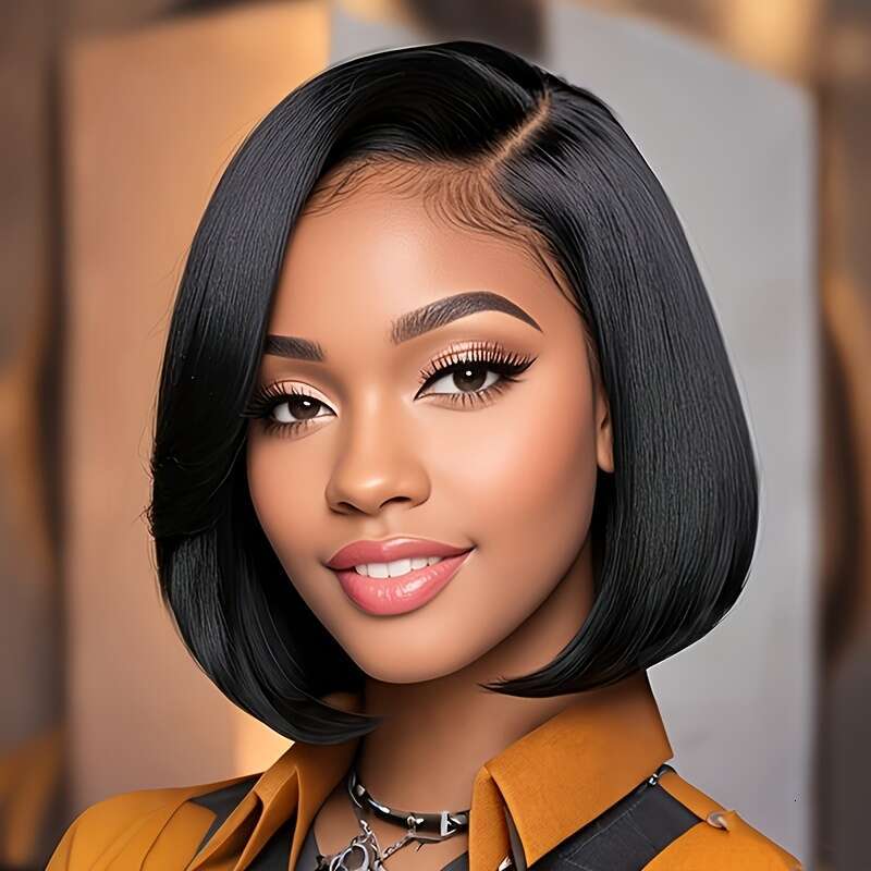 Bob Wig Women Front Pre-Plucked Breathable Mesh Elastic Cap 180% Density Straight Frontal Human Hair Lace Short Wigs Natural Color Suitable For Decora