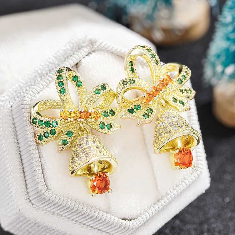 Huitan Festival Bow and Jinglebells Earrings for Women Gold Color Colorful CZ Christmas Bell Design Dangle Earrings New Jewelry J251110