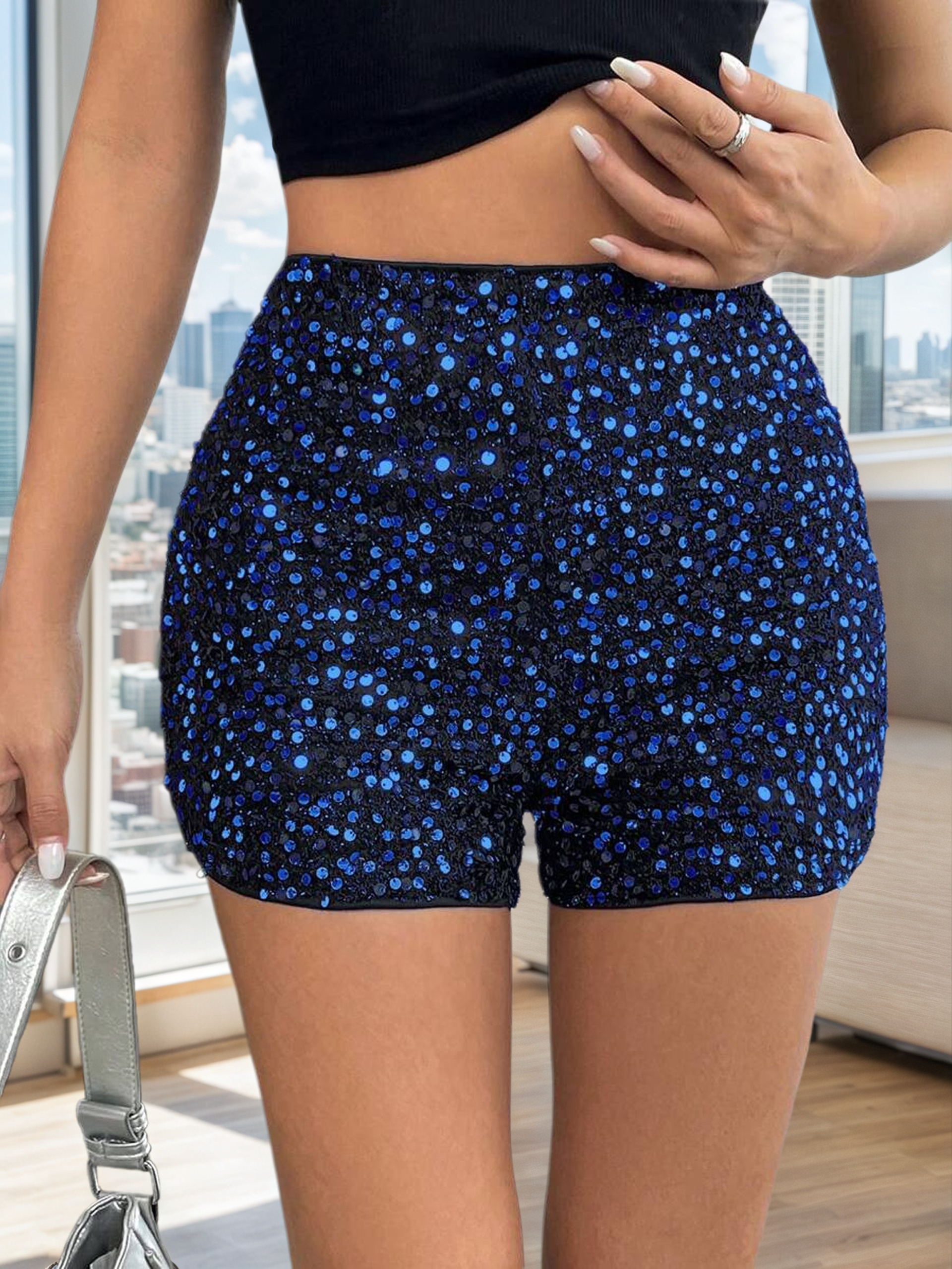 Women's Shiny Sequin Shorts, High Waist A-Line Short Pants for Fashion Party---D319