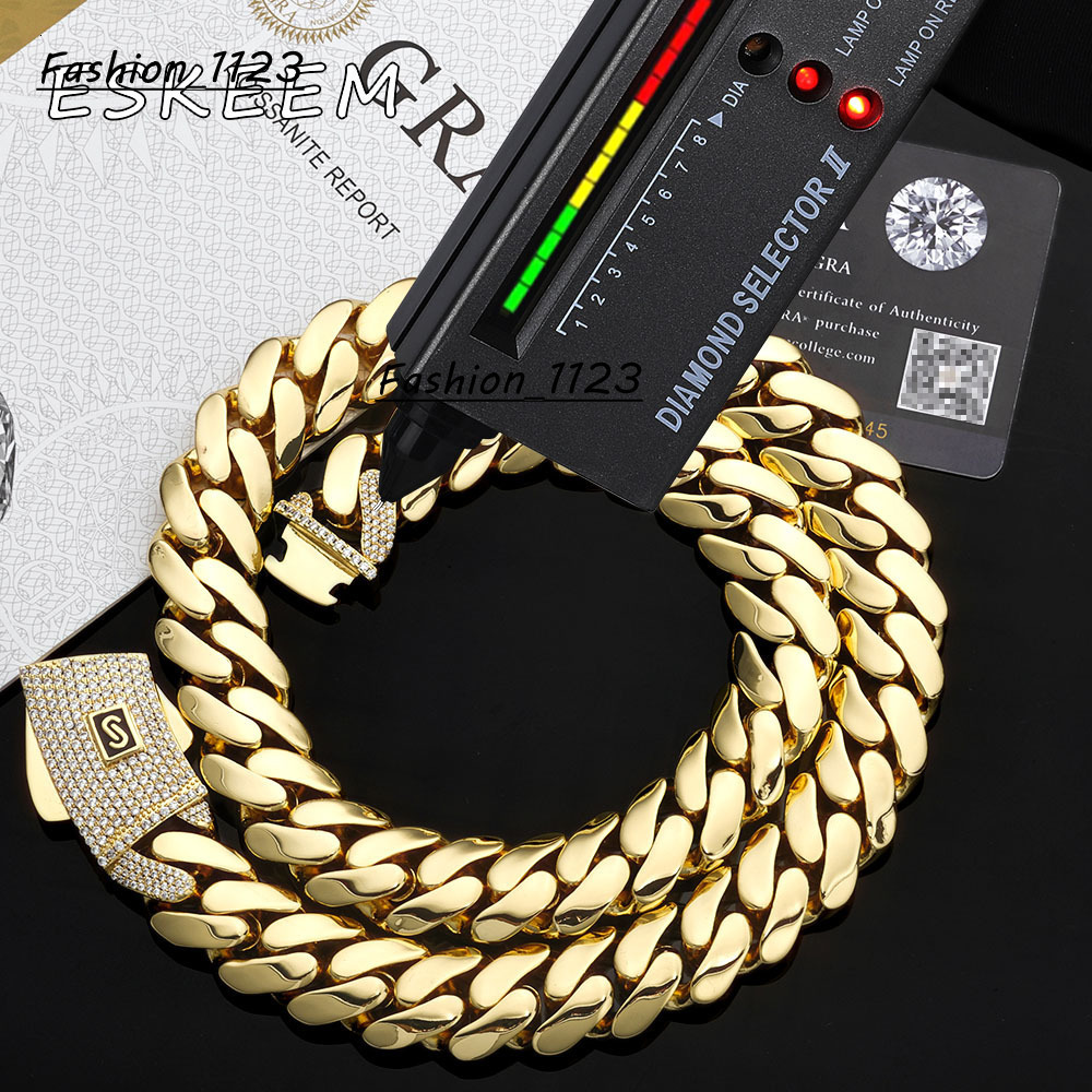 Eskeem Luxury Iced Out Cuban Link Necklace 6-10mm 14K Gold Plated Monaco 925 Silver VVS Moissanite Clasp Smooth Finish Chain