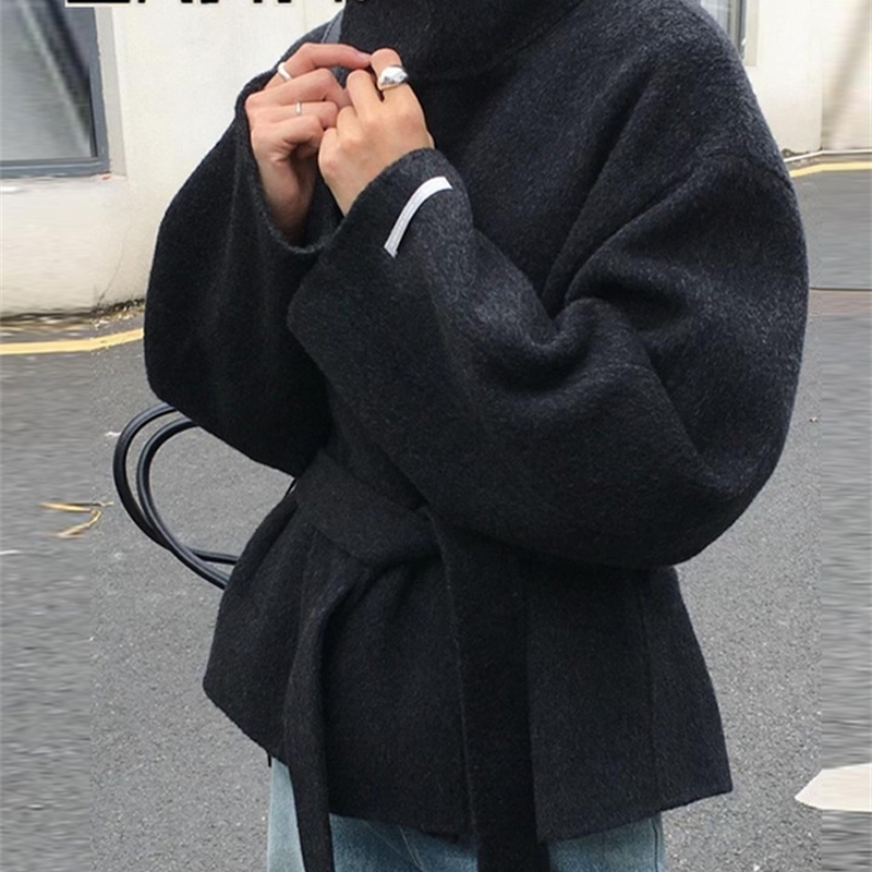 Woolen Solid Women Coat Fashion Belt Patchwork Lace Up Full Sleeve Lapel Lady Jacket Autumn Winter Female Loose Streetwear 251105