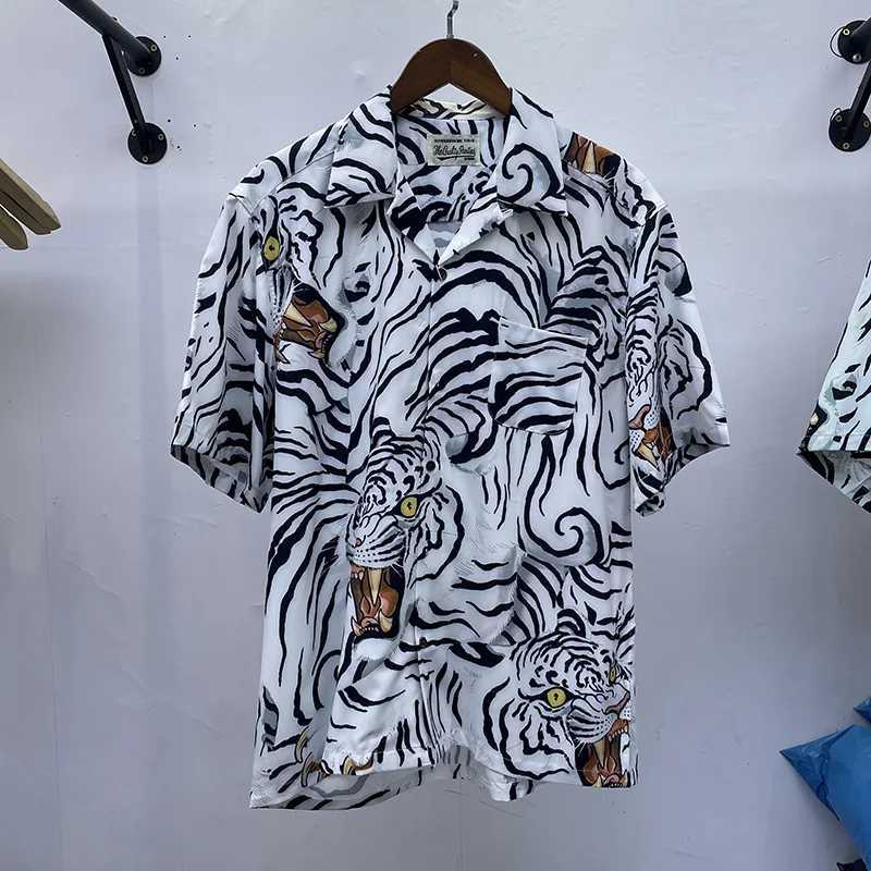 Tiger Print Top T-shirt Retro Collar Hawaii WACKO MARIA Shirt Mens Summer Style High Street Short Sleeve X250410
