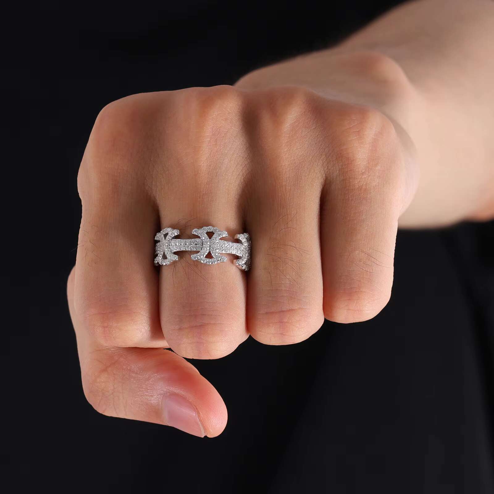 925 Sterling Silver Luxury Trendy Shiny Iced CZ Hollowed Ring Hip Hop Fashion Full Cubic Zircon Engagement Wedding Party Gift