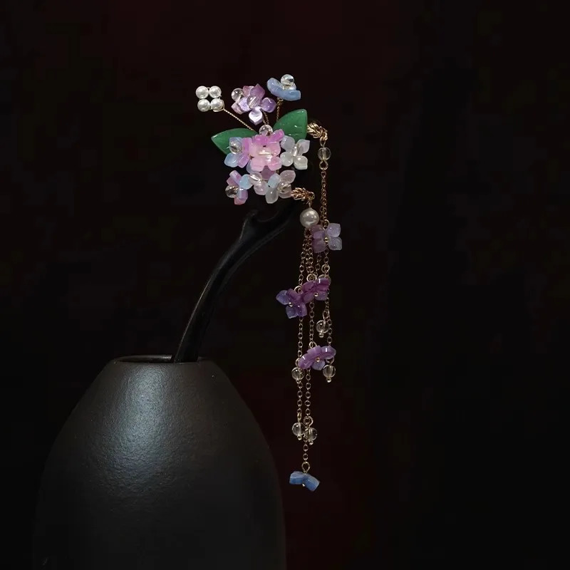 Ancient Chinese hair clip Hydrangea flower head womens Hanfu dress hair fork step rocking hair accessory 250409