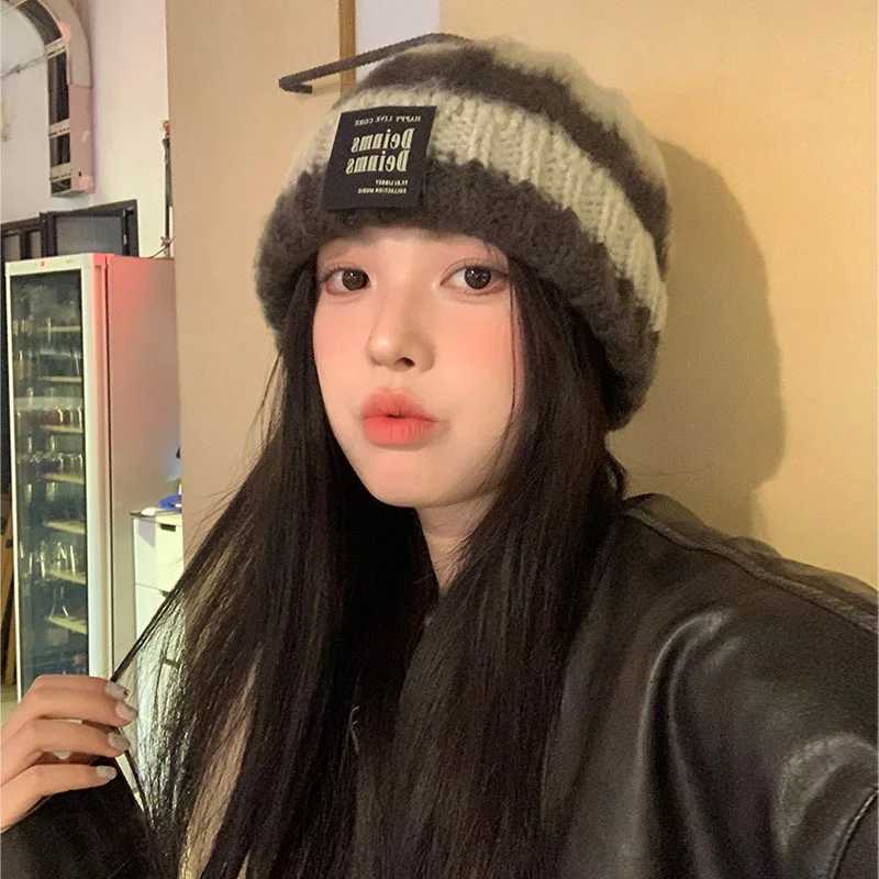 RICYGVM Fashion Stripe Knitted Hat For Women Ear Protection Skullies Cap Unisex Winter Warm Crochet Bonnet Thicken Woolen BeanieXJ251110