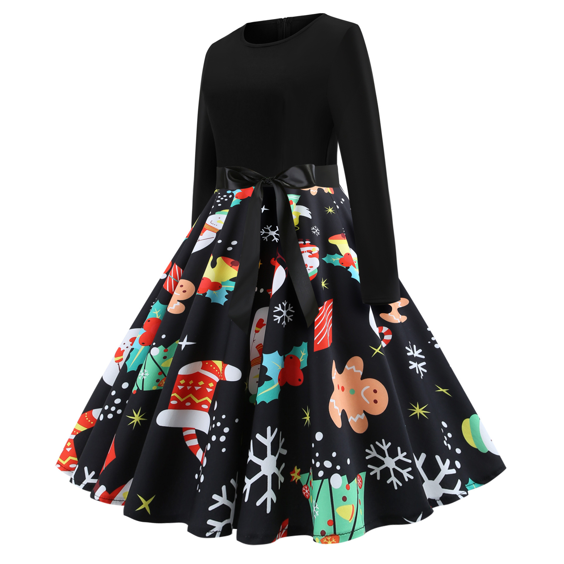 Christmas round neck printed long sleeved large swing dress