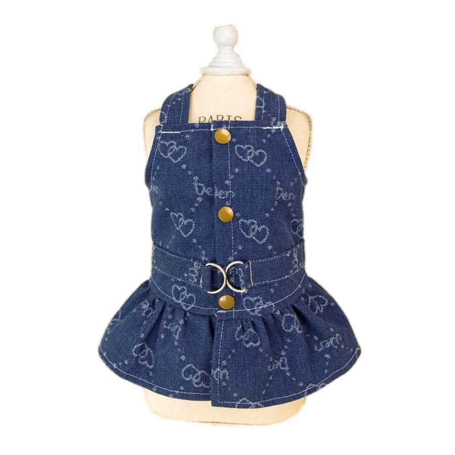 Denim Dog Dresses for Small Dogs Puppy Girl Clothes with Leash Ring and Cute Pattern Summer Cat Apparel with D-Ring Navy Blue J251110
