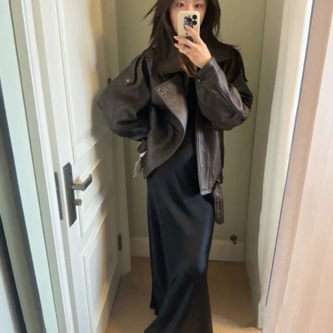 Retro American Heavyweight PU Leather Jacket Womens Autumn Sweet Cool Spicy Oversize HighEnd Feeling Motorcycle 251110