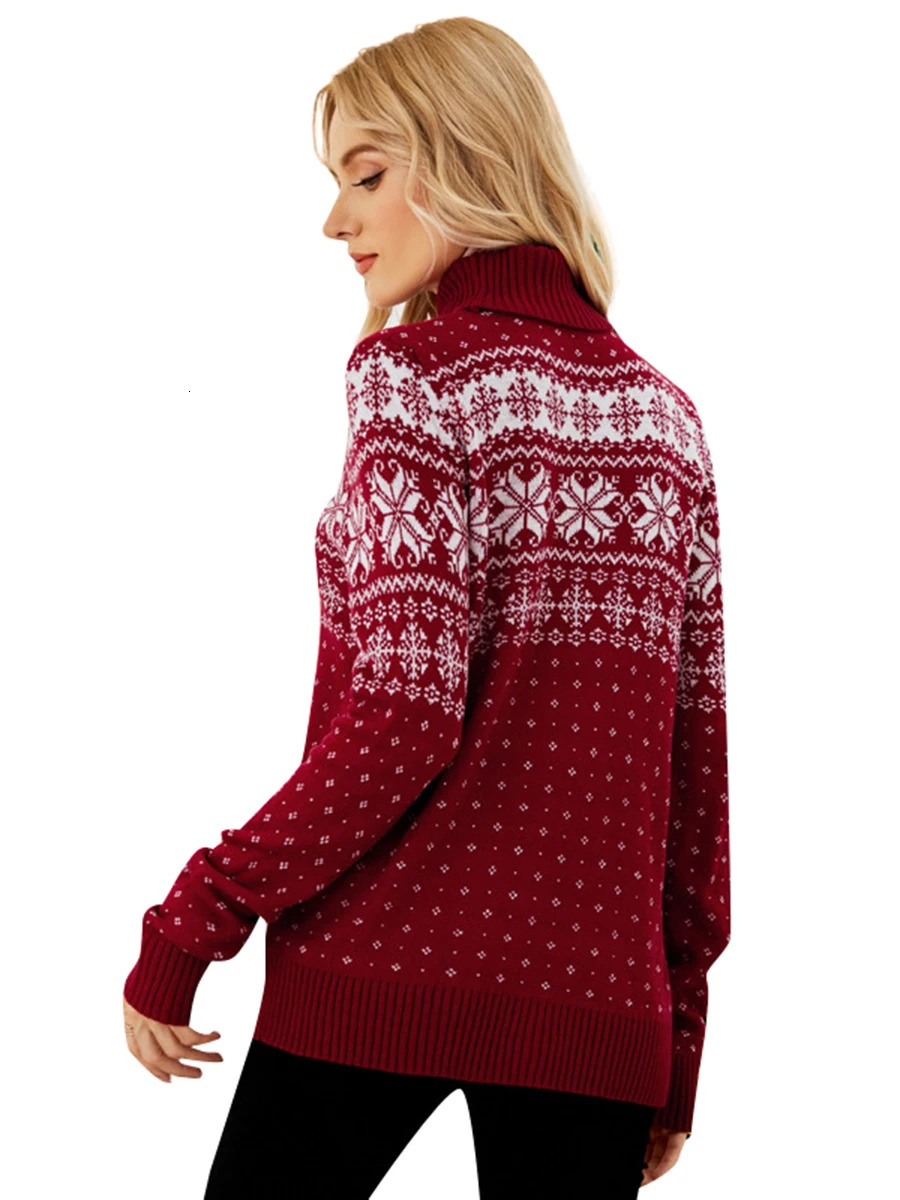 Women s Christmas Snowflake Knitted Sweater Long Sleeve High-neck Print Christmas Pullover Knitwear 251104