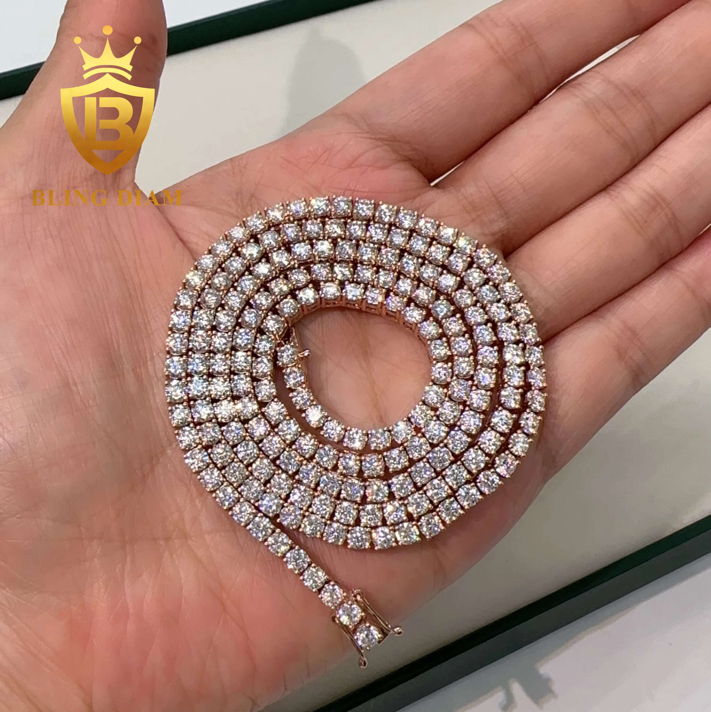 Hip Pop Jewelry 3mm 10k 14k Real Solid Rose Gold Vvs Moissanite Jewelry Chain Tennis Chain