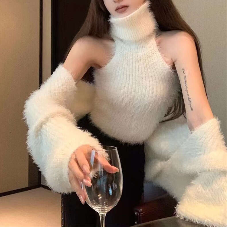 High-End Sweater Set for Women, Autumn and Winter Pure Desire Hot Girl Sexy Halter Neck High Collar Knitted Base Shirt Two-Piece Top