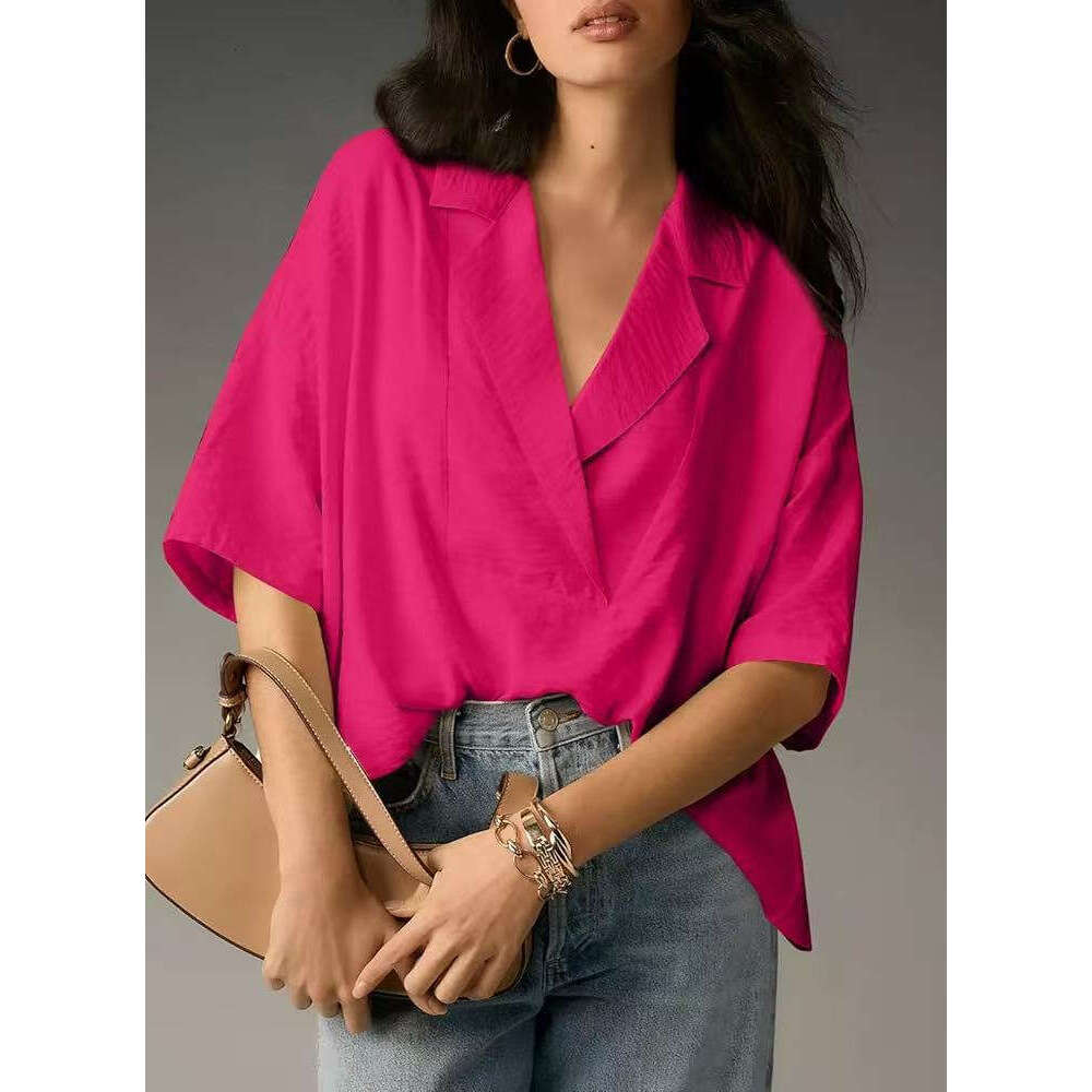 2025 Amazon European and American Foreign Trade Women's Summer New Short Sleeve Turn-Down Collar Casual Loose Top Solid Color Shirt