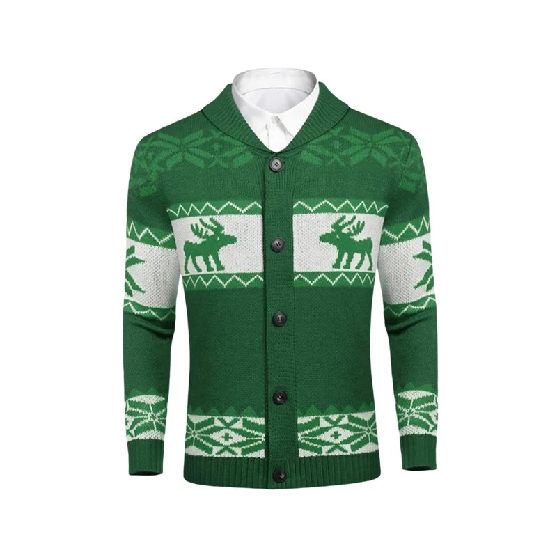 Men Christmas Cardigan Casual Long Sleeve Shawl Collar Reindeer Snowflake Print Sweater Knitted Tops 251103