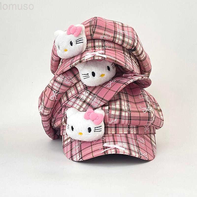 Sanrio Sweet Cute Kitty Cat Bow Plaid Beret Hat for Women Korean Style Niche Face-Slimming Pink Newsboy Hat H251110