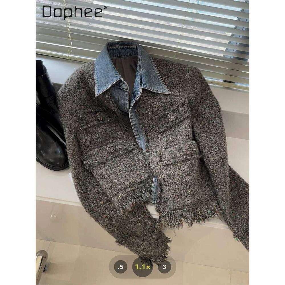 Chic Denim Patchwork Jacket Women's Autumn New Tassel Turn Down Collar Pocket Short Coat Commute Korean Fashion Retro