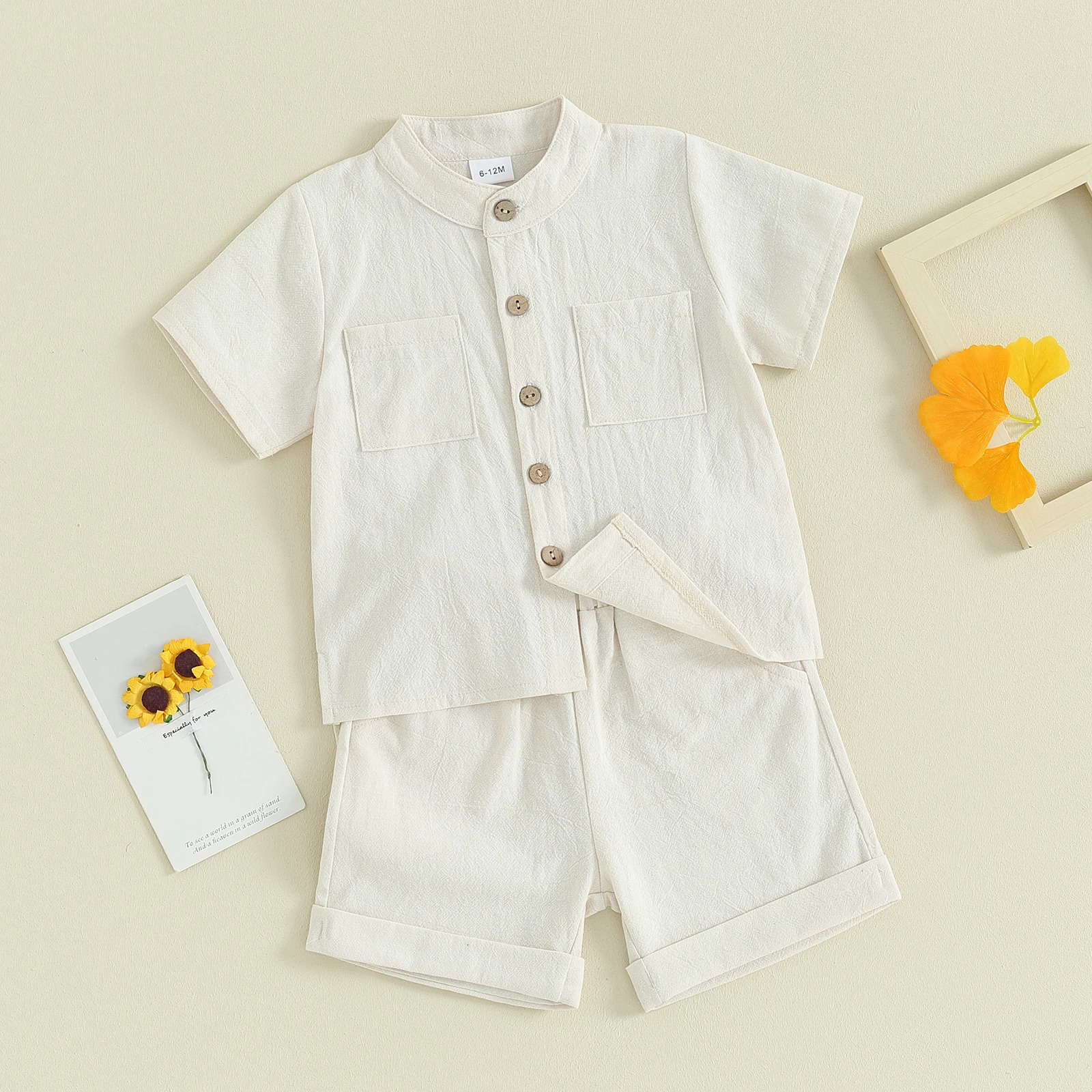 Baby and boy summer pure cotton linen short sleeved button top and elastic waist shorts set 2 pieces of baby clothing 250409
