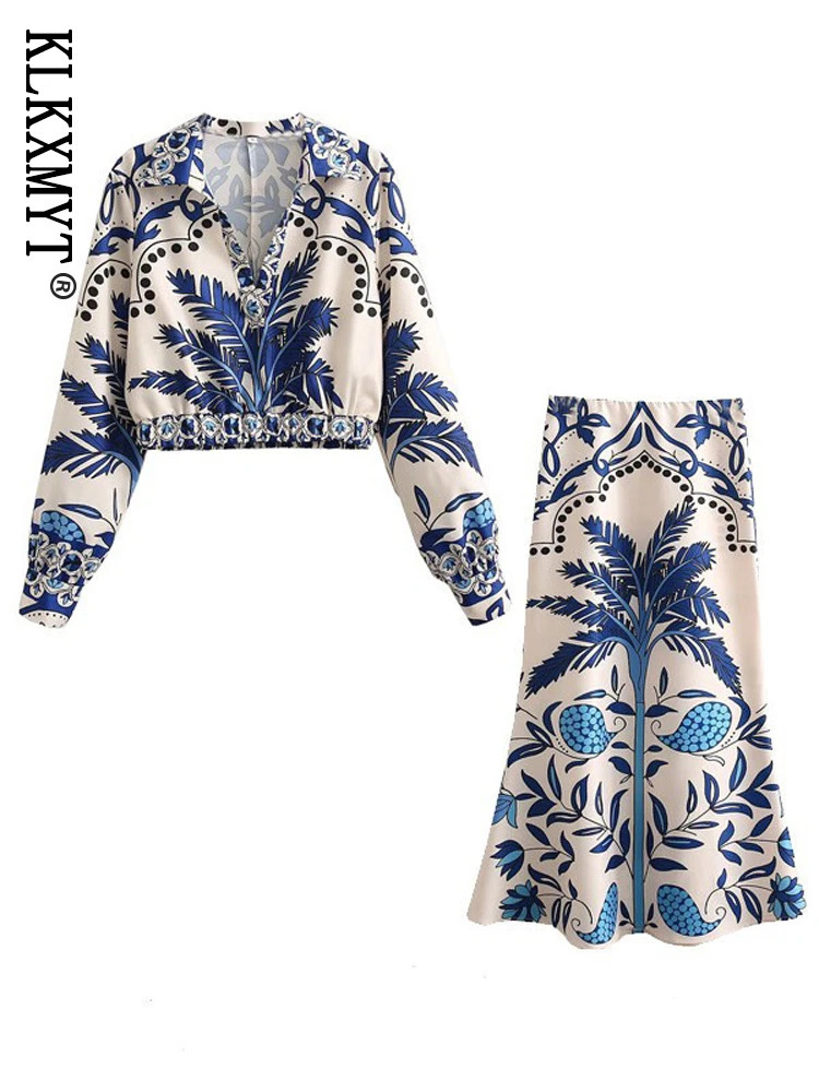 Womens Fashion Printed Midi Ski Set 2piece Long Sleeve Top Retro Casual 250410