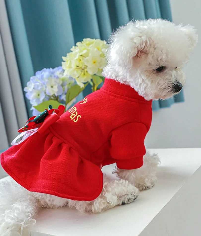 Christmas Dog Princess Dress Autumn Winter Warm Fleece Skirt Christmas Elements Bow Tie Dress Up Small Dog Cosplay Costume J251110