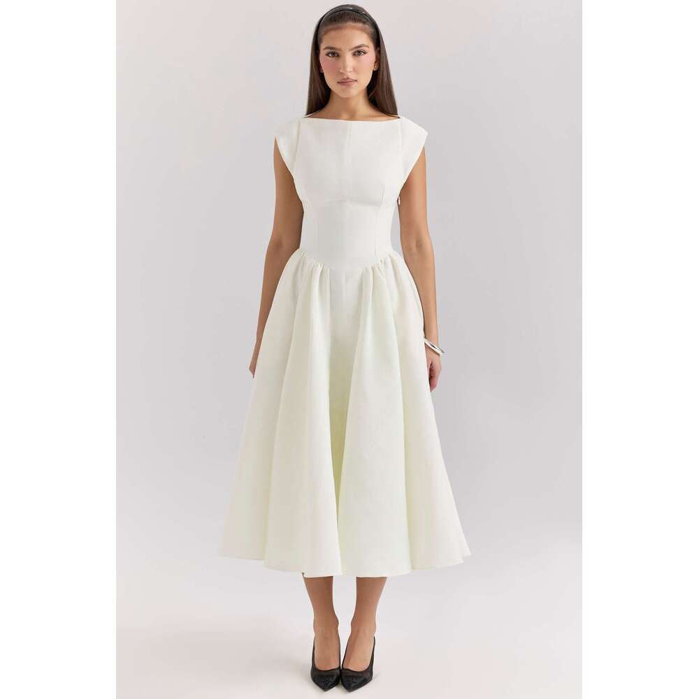 European American spring and summer backless round neck sleeveless vest skirt women's French niche medium long dress solid color 2025 new casual 