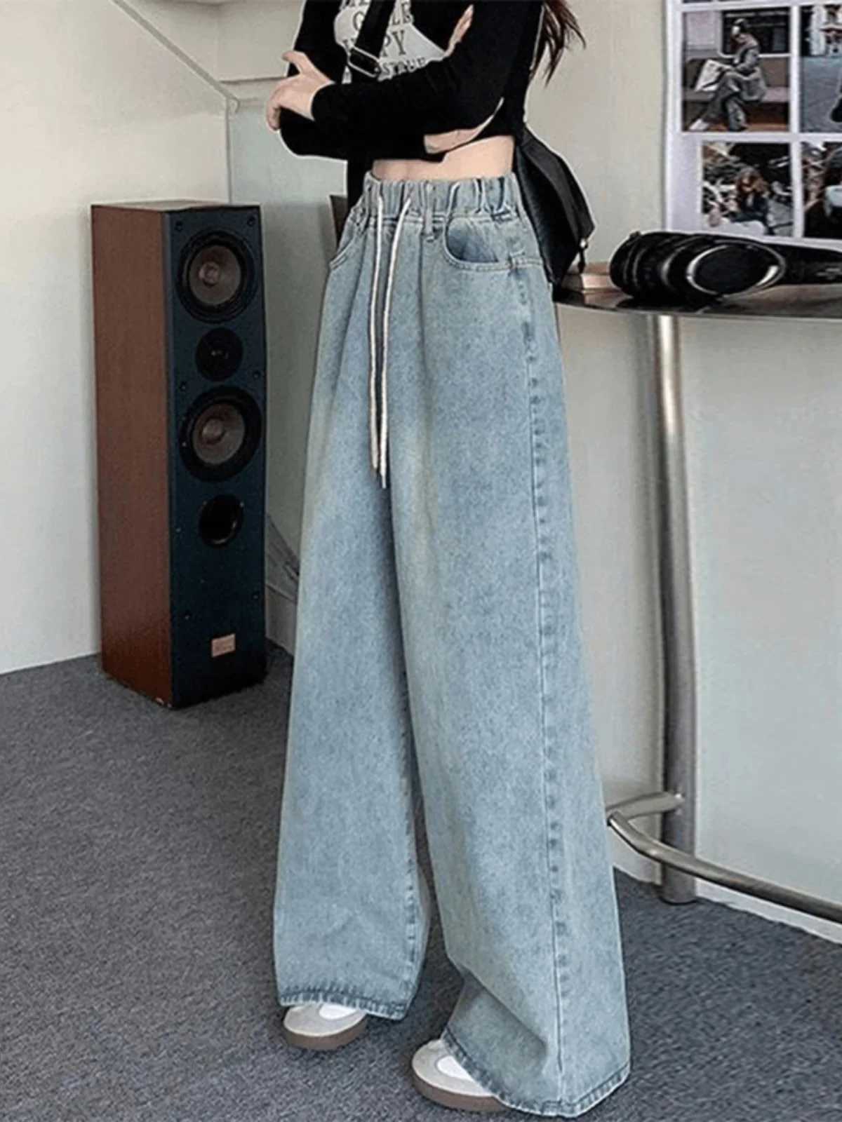 Botvotee Elastic Waist High Waist Wide Leg Jeans for Women Loose Straight Blue Long Denim Pants Female Fashion Streetwear Jeans C251110