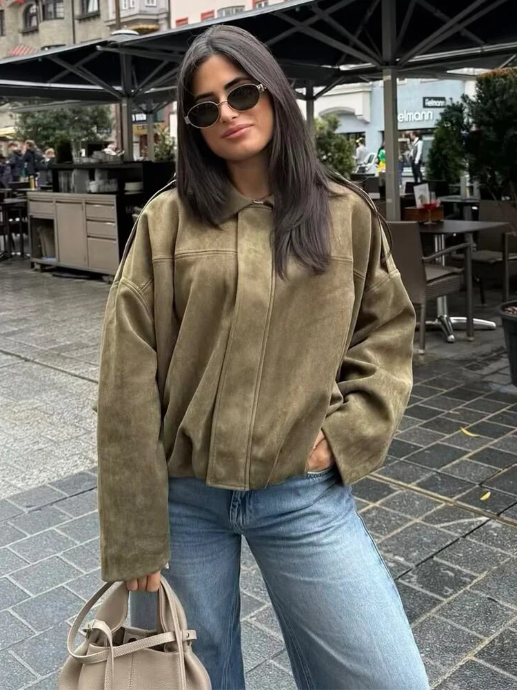 Women Green Suede Jacket Spring Fashion Long Sleeve Zipper Oversize Bomber Coat Chic Female High Street Outerwear 251110
