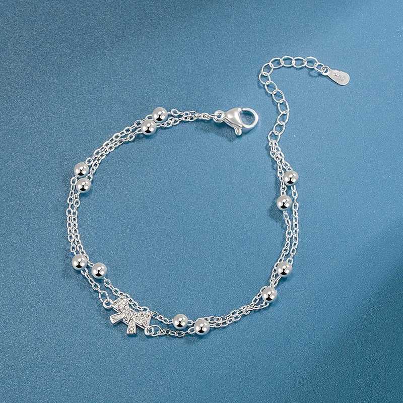 Luxury 925 Sterling Silver Zircon Bow Bracelets For Women Girls Fashion Korean Double Layer Bead Bracelet Party Wedding JewelryT251110
