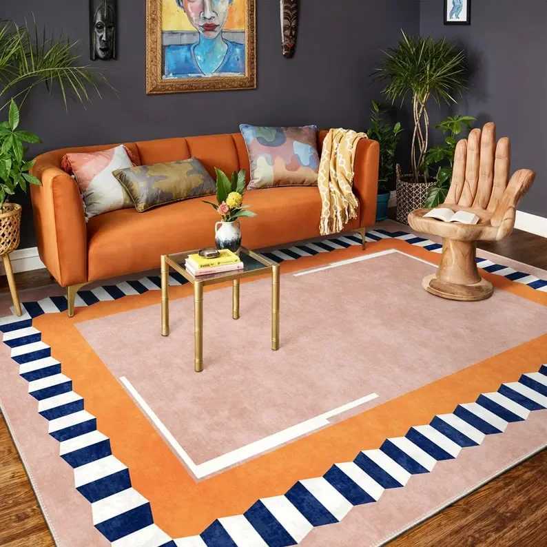 Retro Curve Abstract Area Rug Orange Blue Mid Century Modern Carpet Colorful Geometric Floor Decor Washable Living Room Rug Y251110