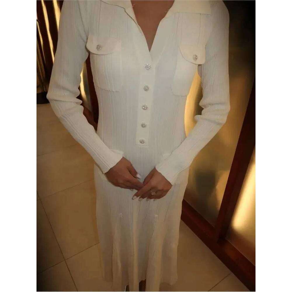 Knitted Hip Wrap Long Dresses Elegant Threaded Lapel Deep V Knitwear Dress Fashion Waist Cinching Slimming Spring Autumn Robes