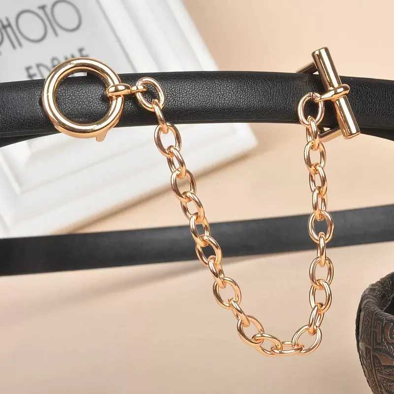 Fashionable silk strap round buckle metal chain genuine leather waist strap black decoration suitable for jeans skin adjustment X250410