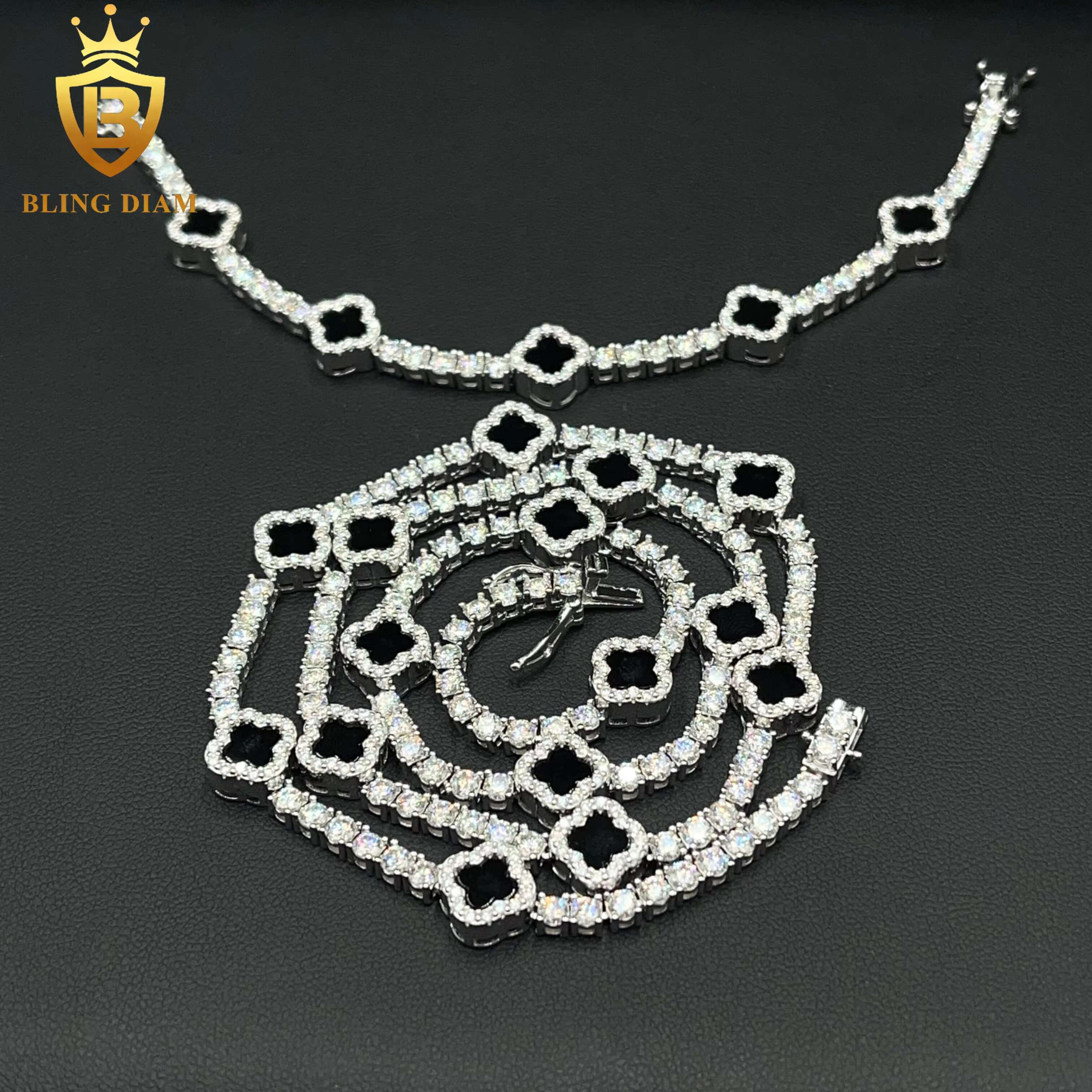 Small Black Clover 3mm New Design 925 Silver VVS Moissanite Pass Diamond Tester Tennis Bracelet Necklace