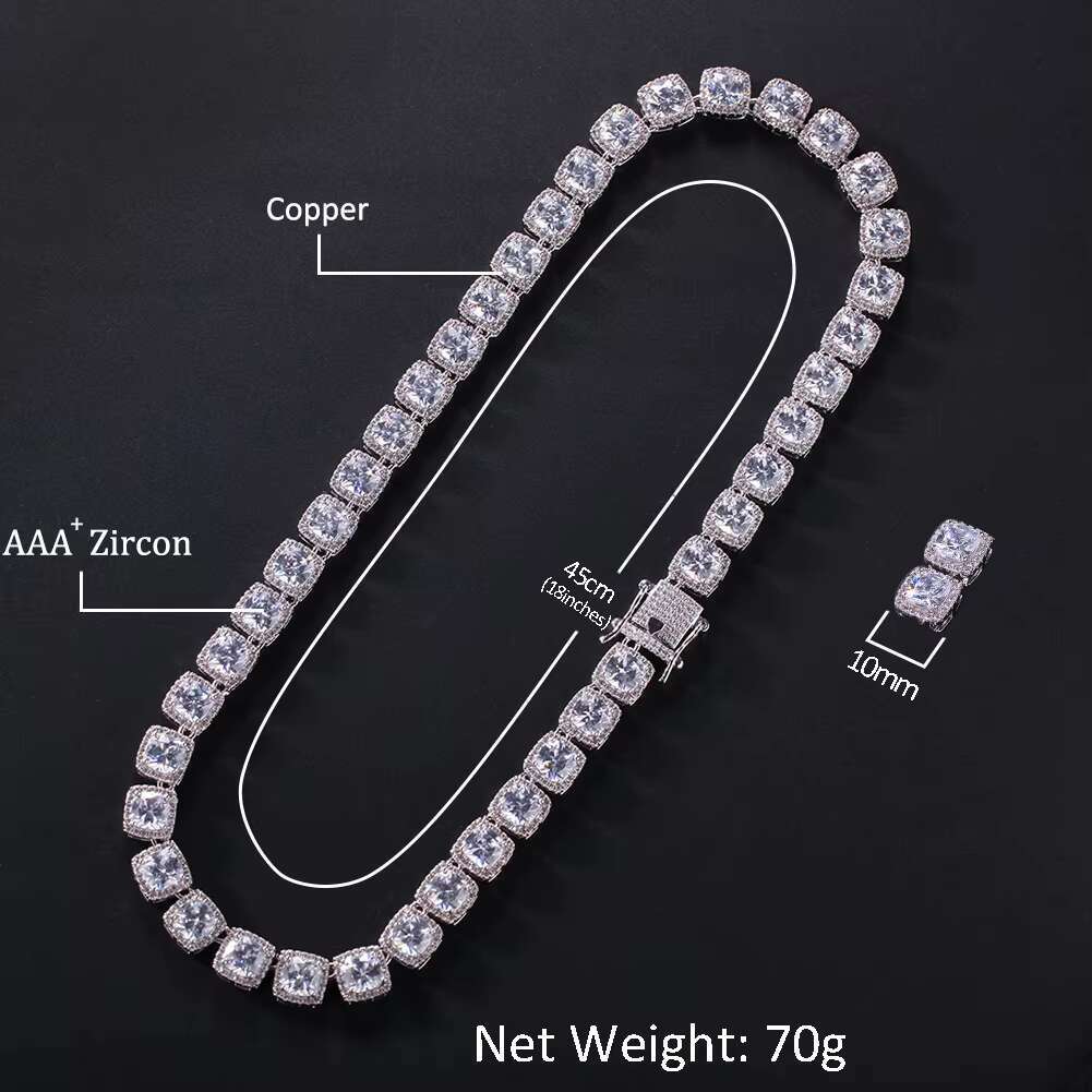 10mm square chain necklace, ice out hip-hop jewelry, exaggerated gold edged tennis chain, HipHop jewelry necklace