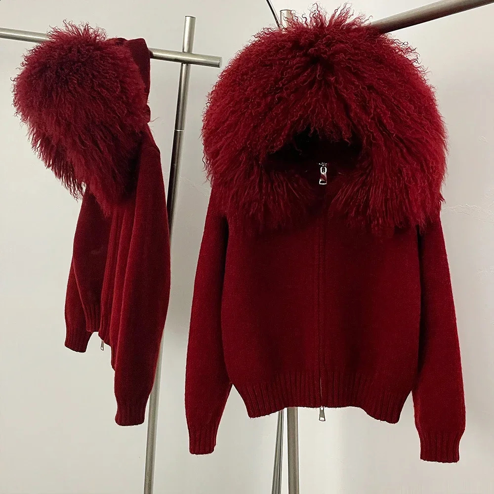 Coat Women Cardigan Natural Fox Fur Coat Women Real Mongolian Fur Knitwear Female Spring Autumn Hooded Knitted Fur Jacket 251117ww