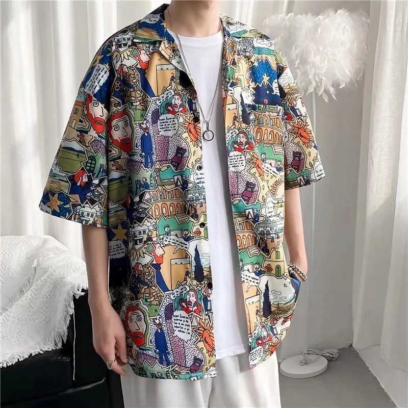 Summer Hawaiian mens hip-hop mens Japanese geisha funny print white pink shirt mens casual holiday top X250410