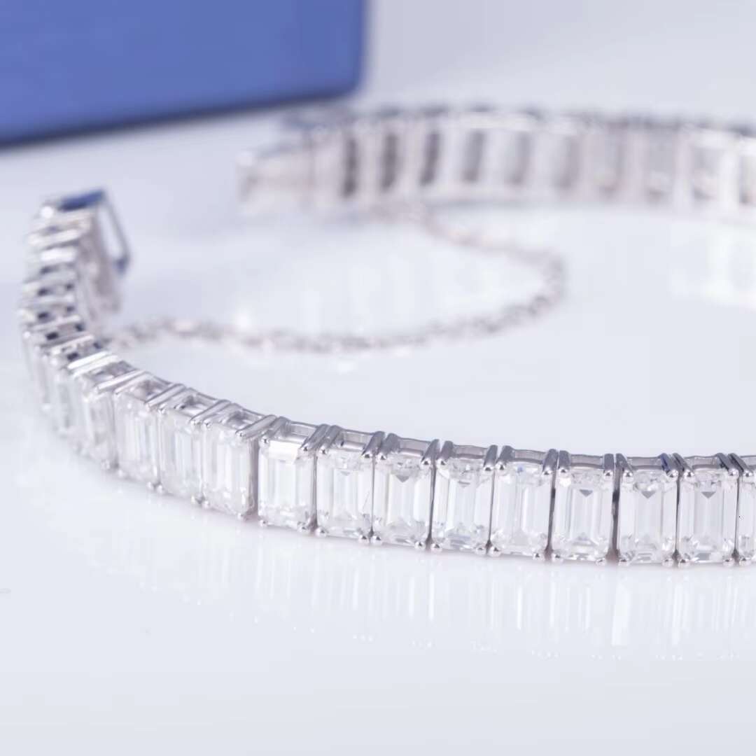 14K White Gold and Emerald Cut Moissanite Gemstone Women Tennis Chain Bracelet