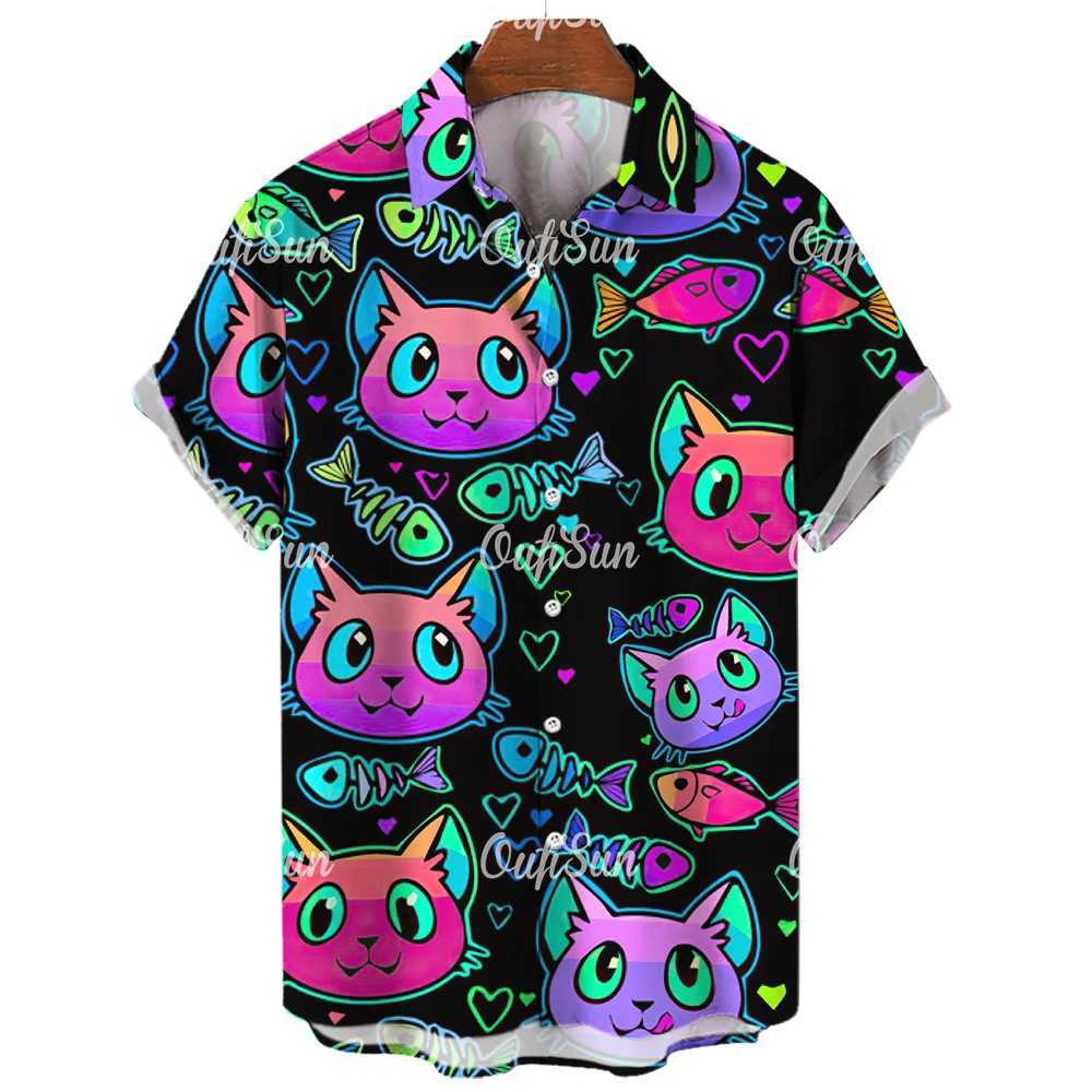 3D lapel Hawaiian mens casual short sleeved anime shirt mens summer mens street retro animal cat X250410