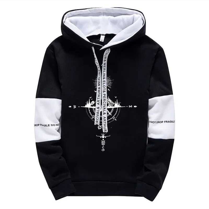 Vintage Compass Print Mens Tracksuit Hooded Sweatshirt Sweatpants Autumn Winter Casual Sportswear Jogging Outfit Clothes for Man W251110