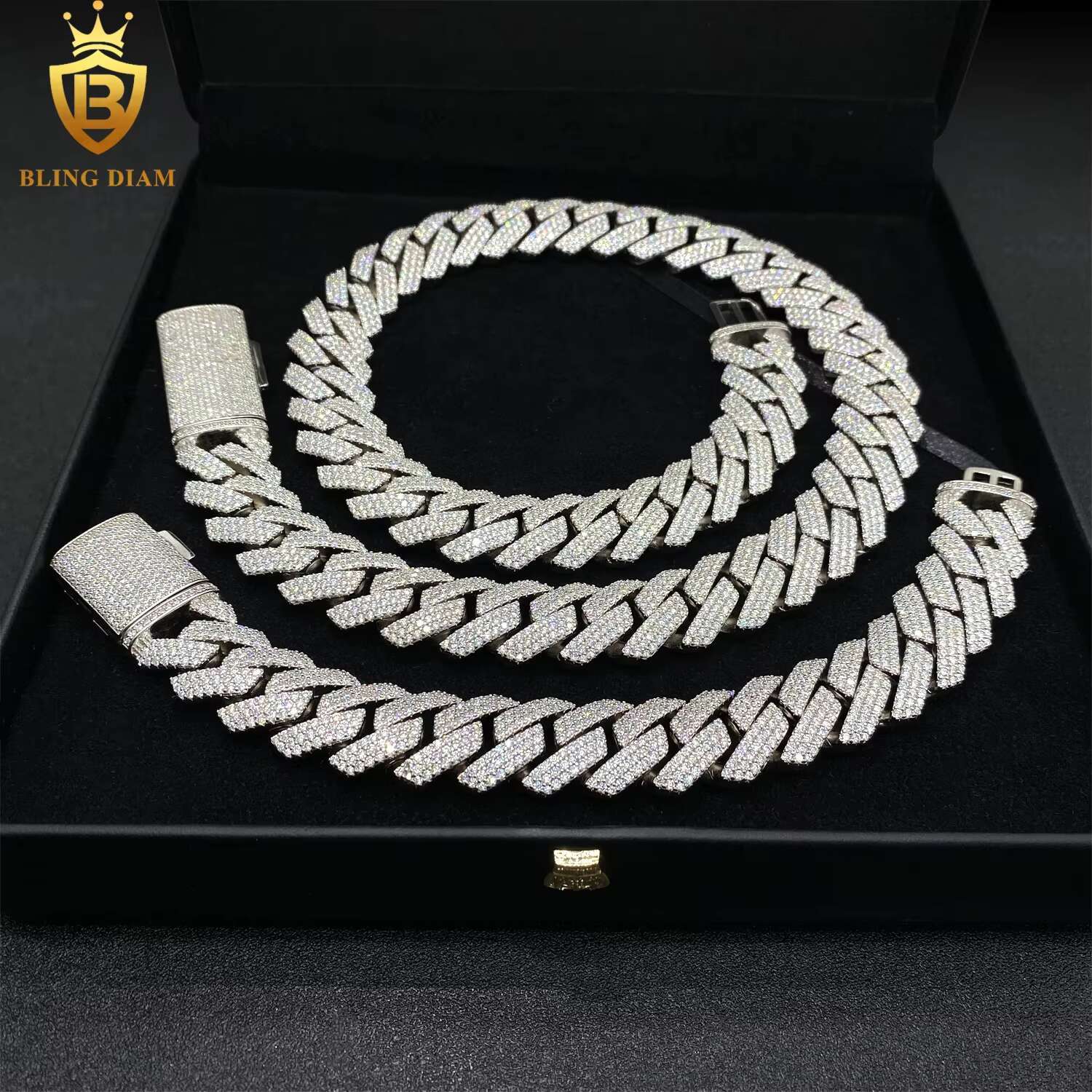 18mm 925 Sterling Silver Hip Hop Jewelry Vvs Moissanite Iced Out Cuban Link Chain 3Row Bracelet Necklace