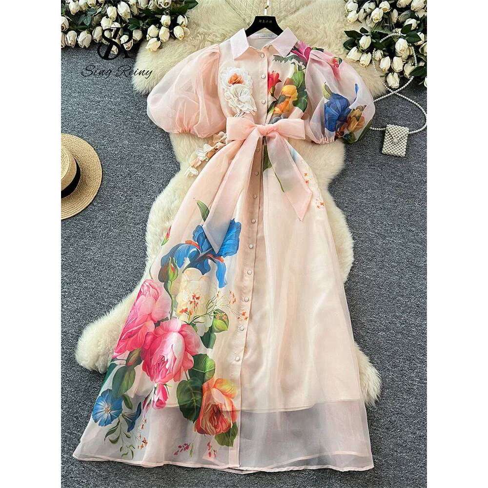 SINGREINY Original Brand 3D Floral Organza Long Female Lapel Short Sleeves High Quality French Vintage Print Maxi Dress