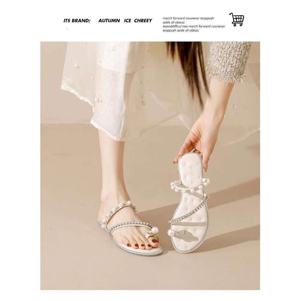 Woman Sandals Fairy Style In Summer New Water Diamond Pearl Toe Sandals Flat Shoes With A Single Strap Roman Sandals For Women