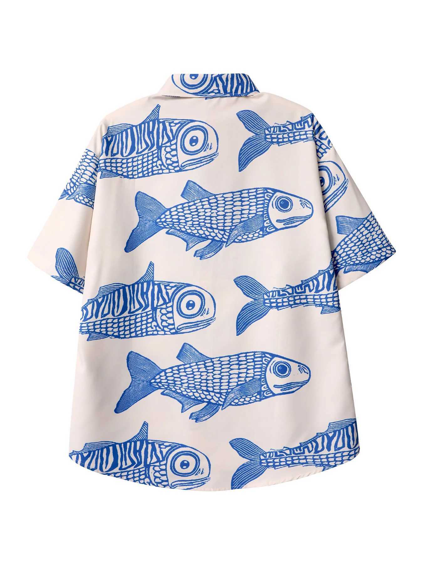 Ultra fine American fried street fashion fish print new personalized mens summer casual shirt X250410