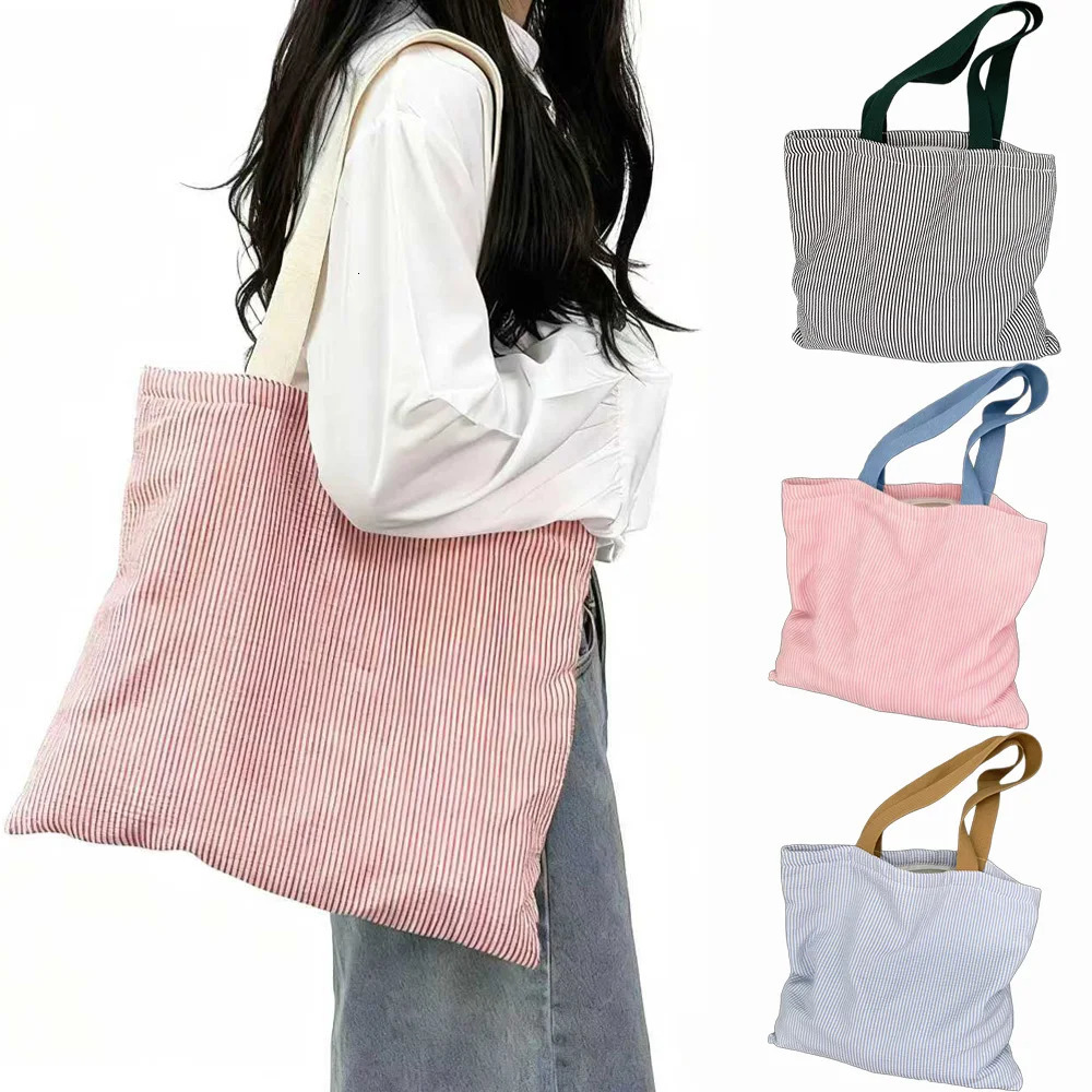 Stripe Contrast Color Womens Canvas Shoulder Bag Large Capacity College Book Tote Zipper Handbags Simple Shopping 251110