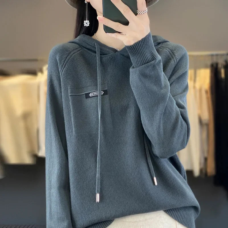 Womens Autumn Winter Knitted Hat Sweater Loose Solid Color Long Sleeve Base Shirt Outwear Casual Comfortable Hoodie 251106