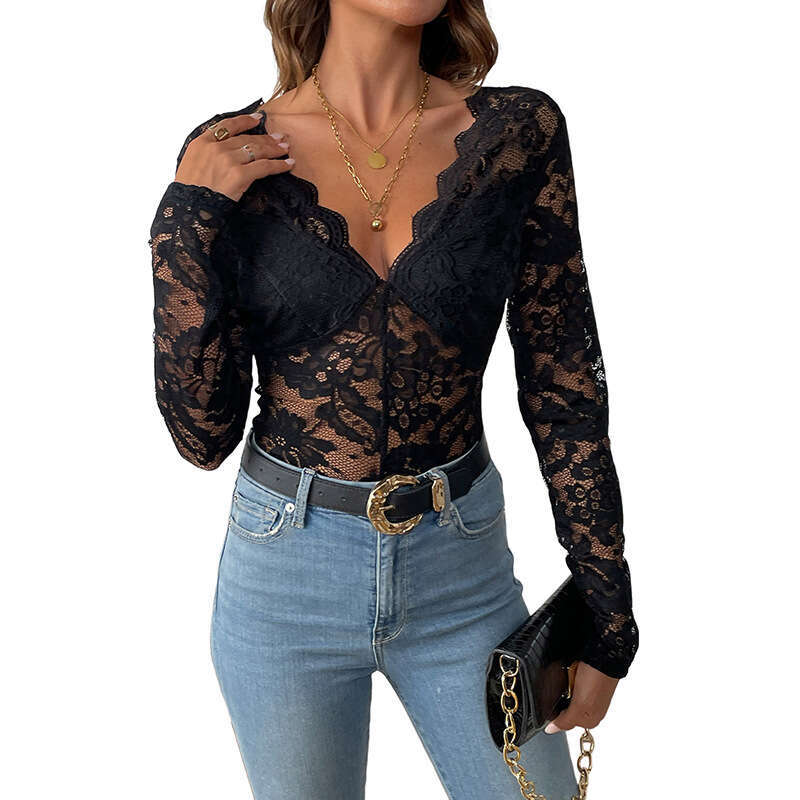 Hot selg European and American sexy elegant temperament solid color long sleeved lace jumpsuit 2025 new casual fashion trend clothing